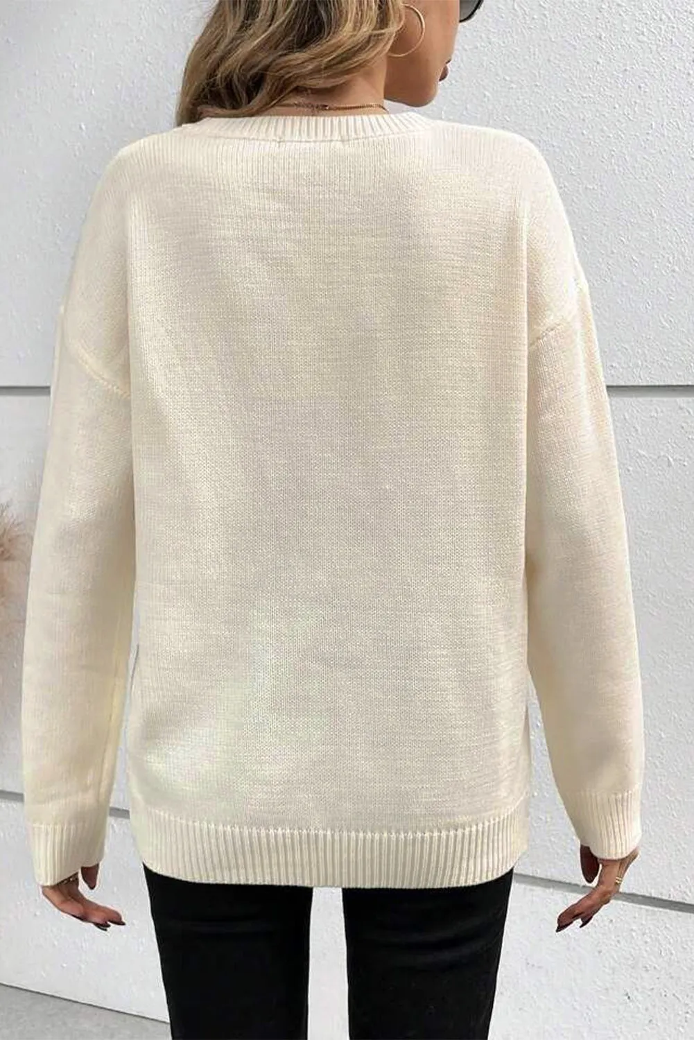 KaleaBoutique Boo Knitted Pattern Ribbed Edge Drop Shoulder Sweater