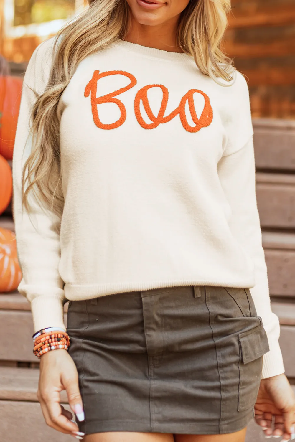 KaleaBoutique Boo Knitted Pattern Ribbed Edge Drop Shoulder Sweater