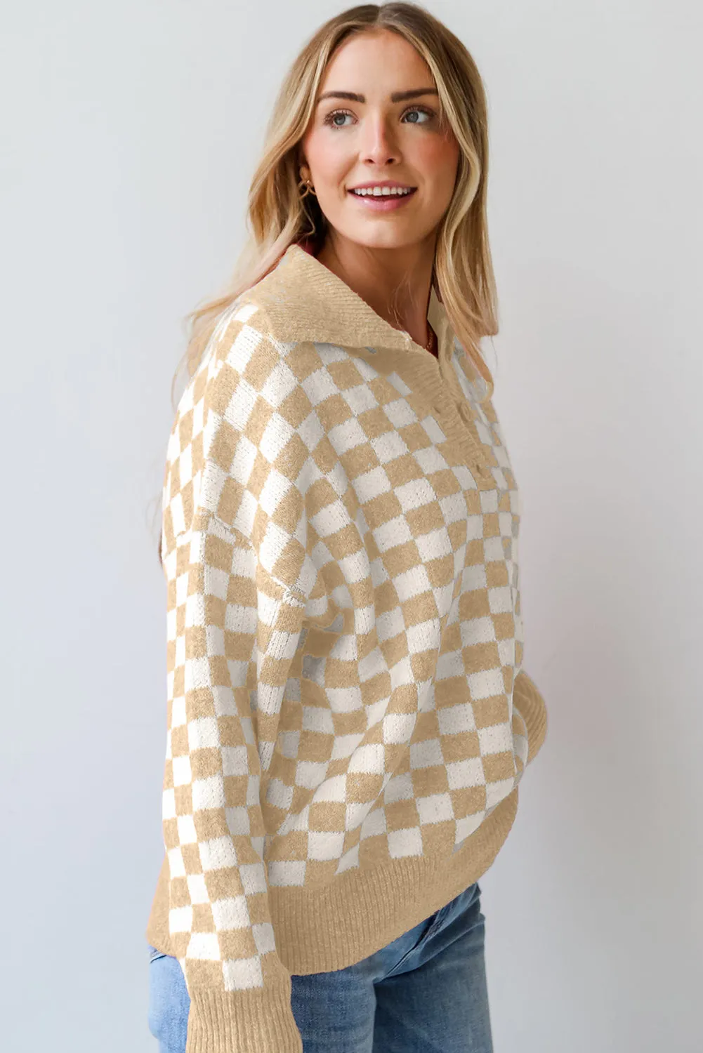 KaleaBoutique Checkered Buttons Collar V Neck Drop Shoulder Sweater