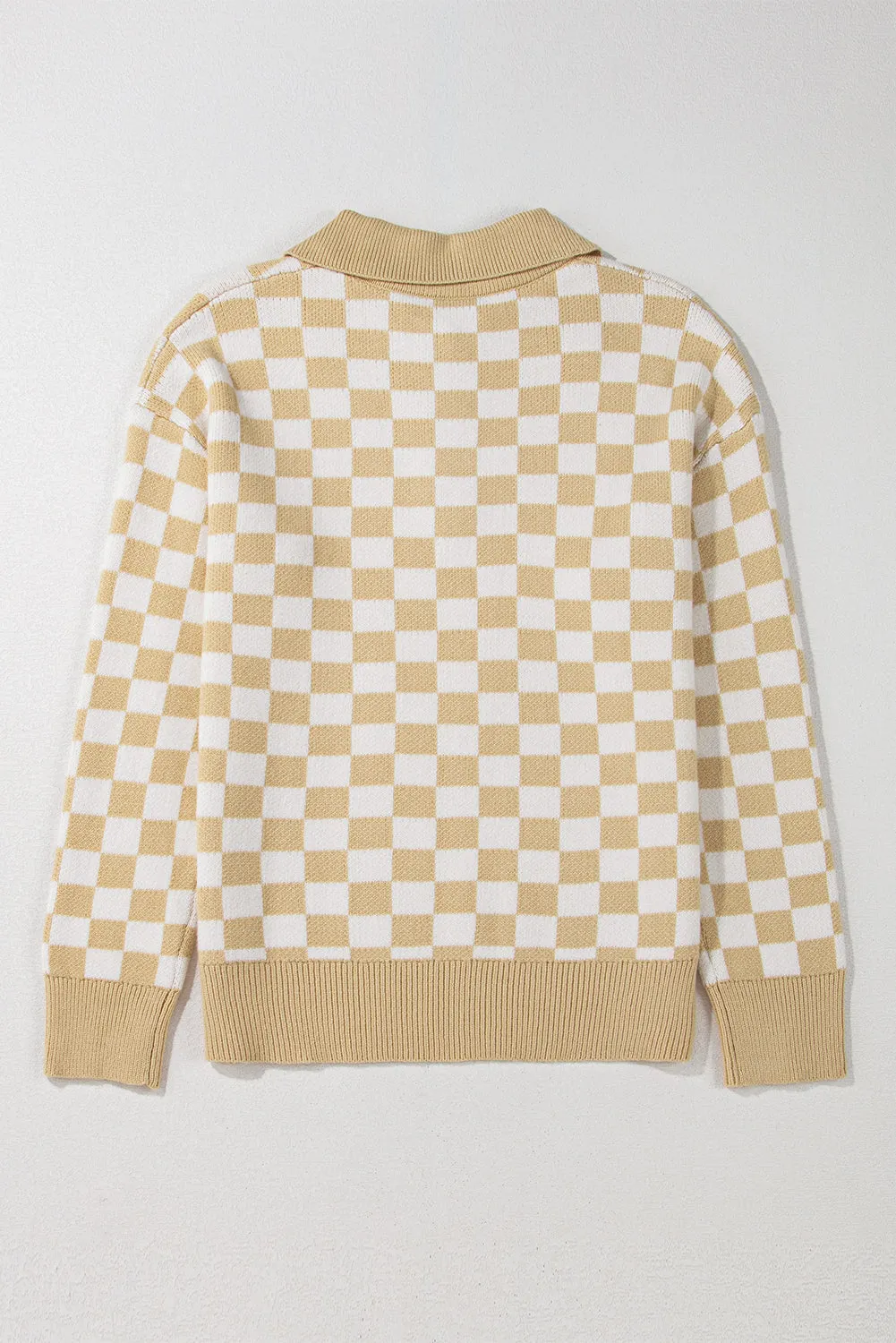 KaleaBoutique Checkered Buttons Collar V Neck Drop Shoulder Sweater