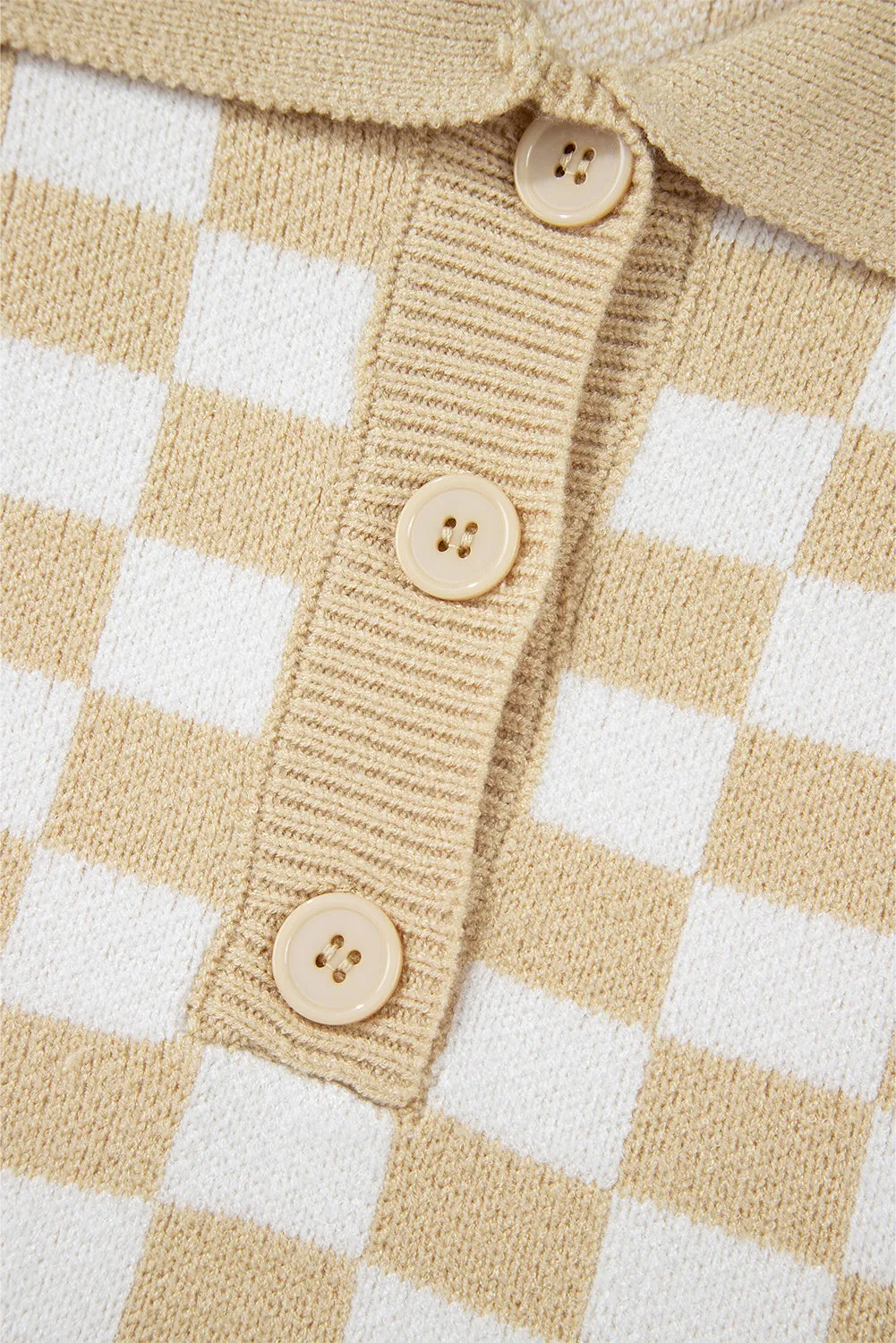 KaleaBoutique Checkered Buttons Collar V Neck Drop Shoulder Sweater