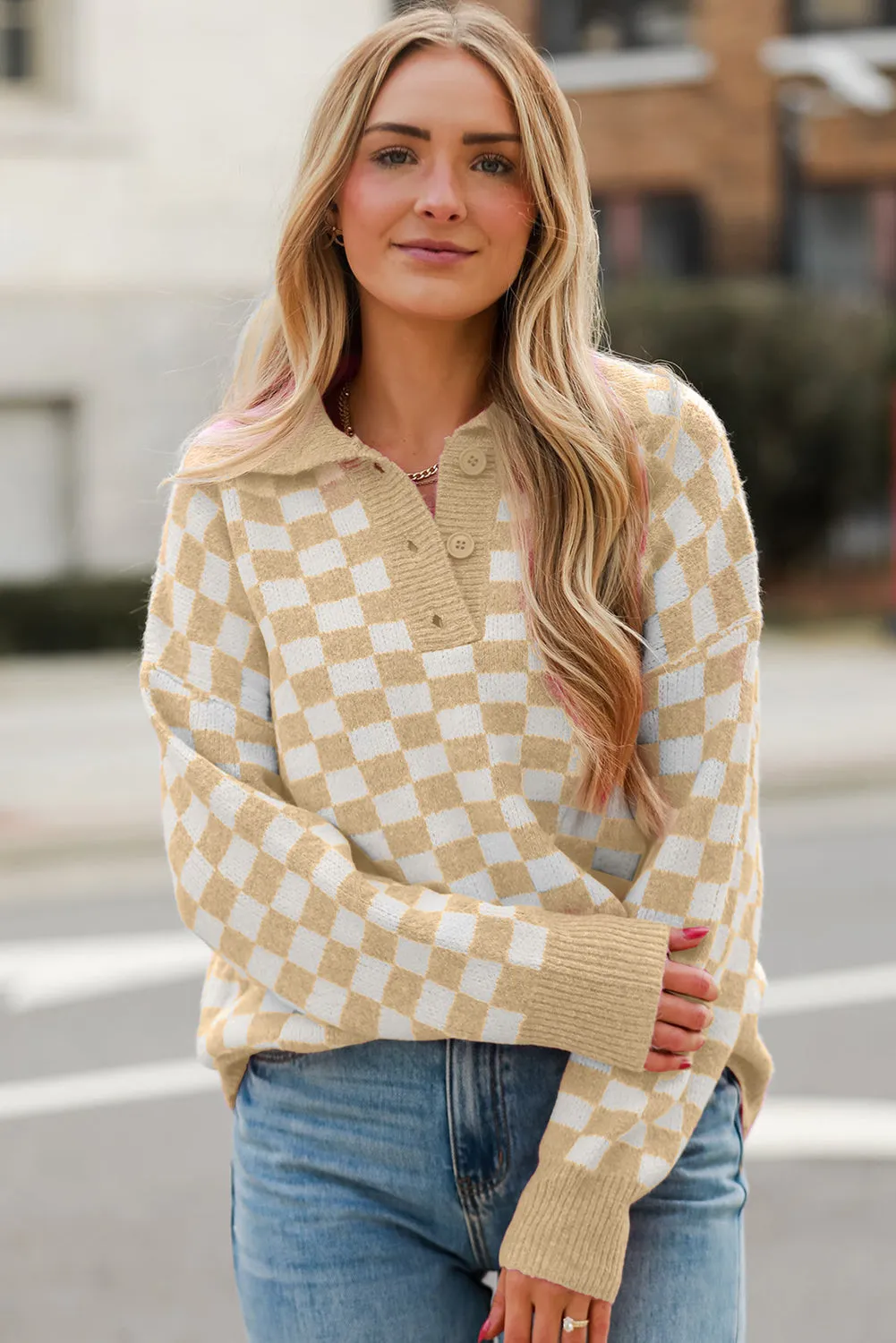 KaleaBoutique Checkered Buttons Collar V Neck Drop Shoulder Sweater