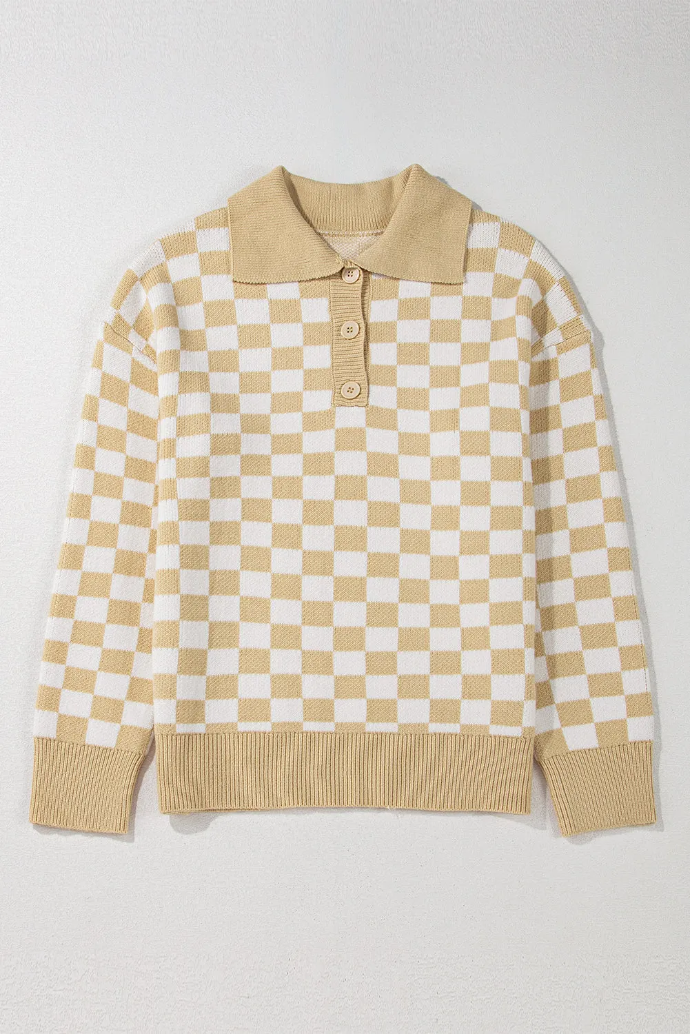KaleaBoutique Checkered Buttons Collar V Neck Drop Shoulder Sweater