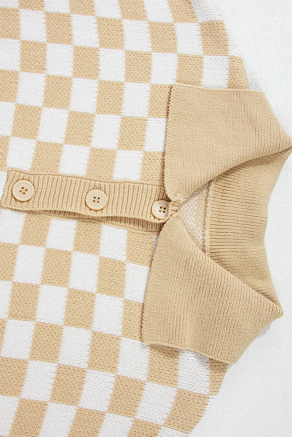 KaleaBoutique Checkered Buttons Collar V Neck Drop Shoulder Sweater