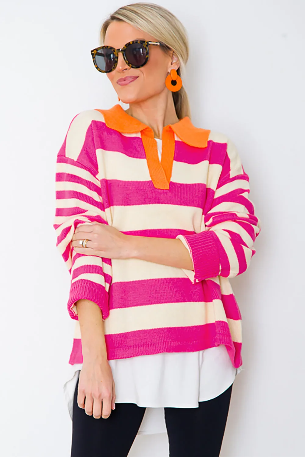 KaleaBoutique Color Block Collared V Neck Drop Shoulder Sweater