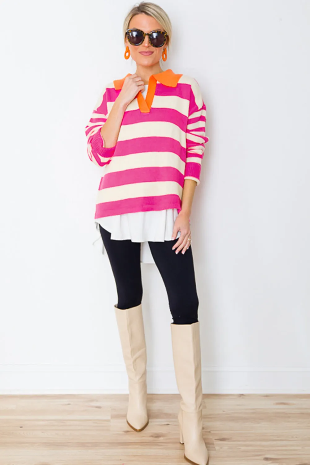 KaleaBoutique Color Block Collared V Neck Drop Shoulder Sweater