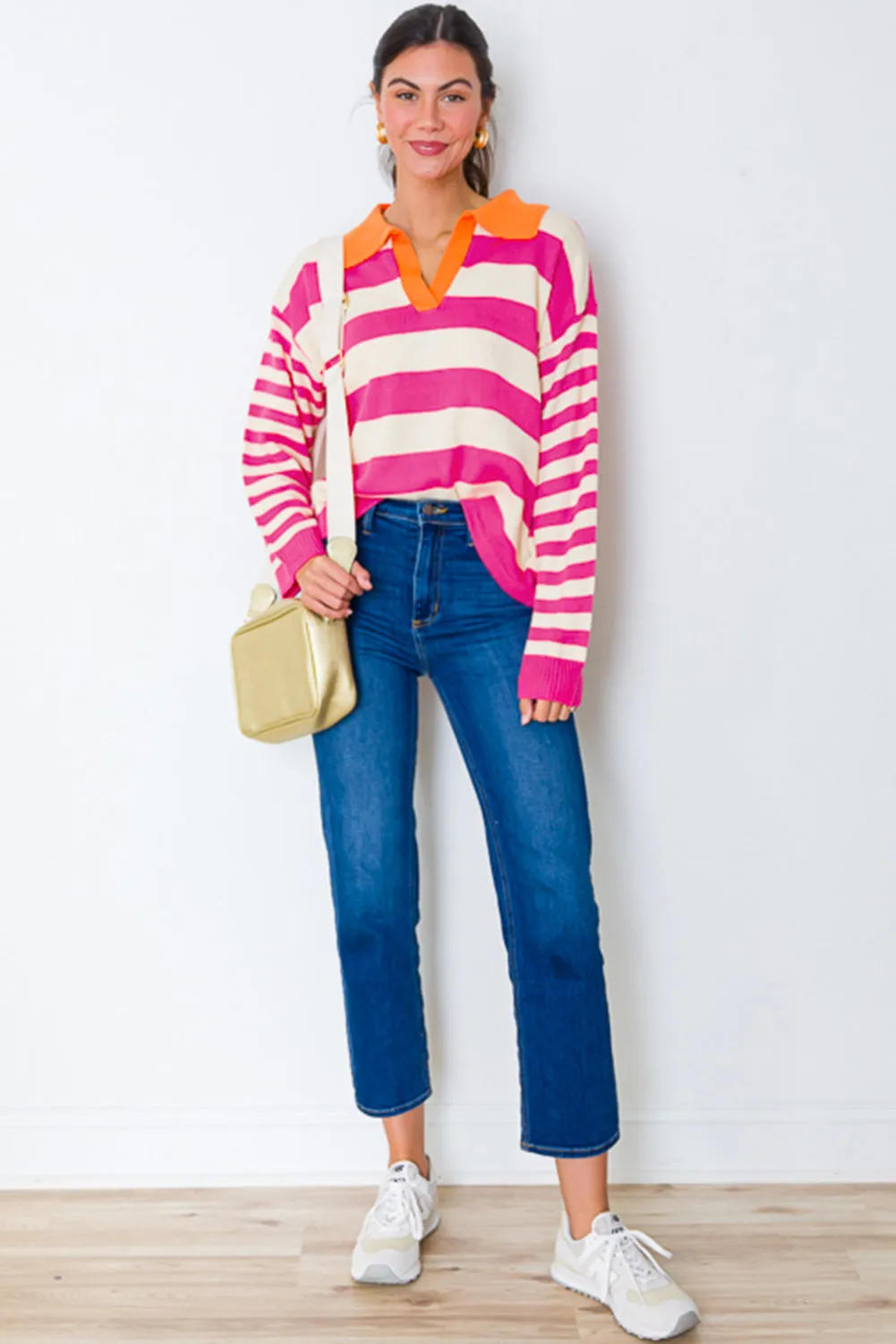 KaleaBoutique Color Block Collared V Neck Drop Shoulder Sweater