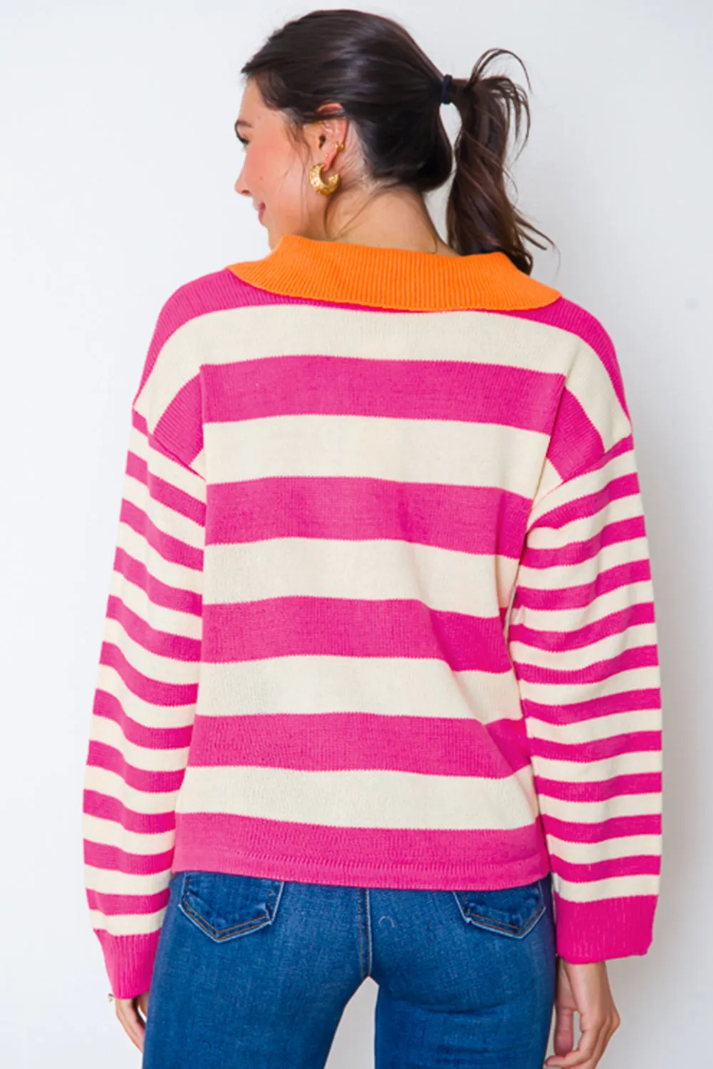 KaleaBoutique Color Block Collared V Neck Drop Shoulder Sweater