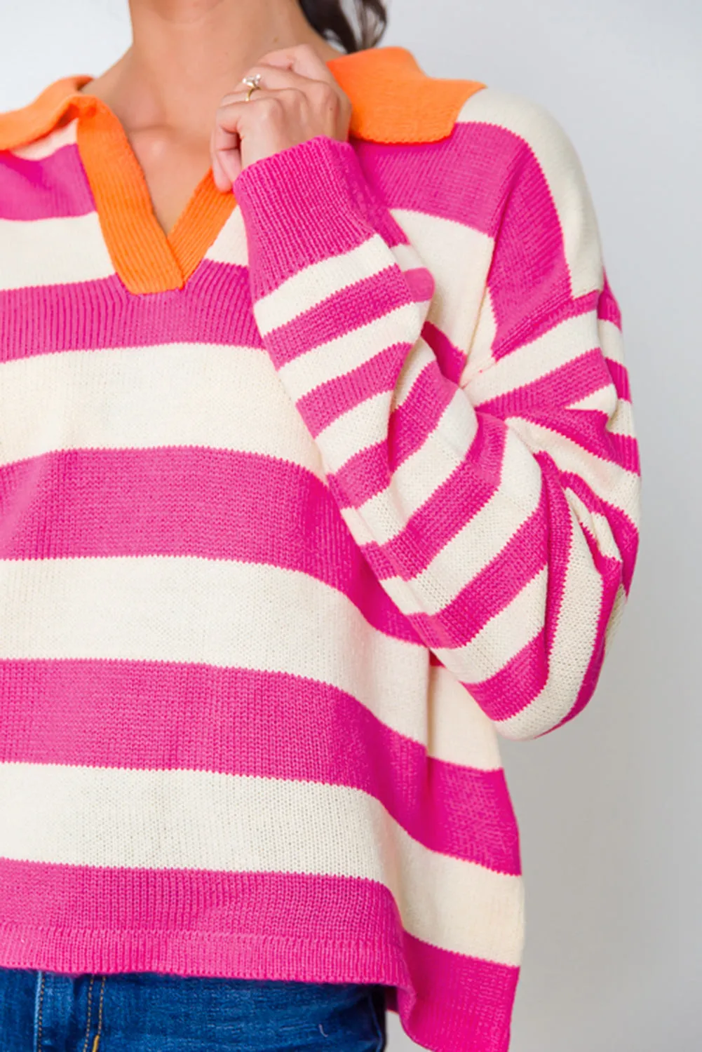 KaleaBoutique Color Block Collared V Neck Drop Shoulder Sweater