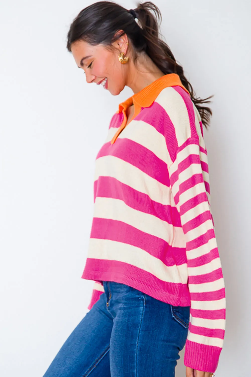 KaleaBoutique Color Block Collared V Neck Drop Shoulder Sweater