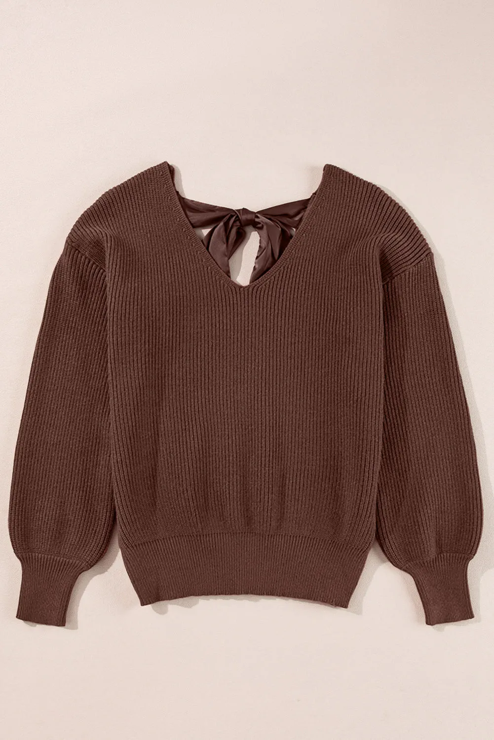 KaleaBoutique Lantern Sleeve V Neck Knot Back Sweater