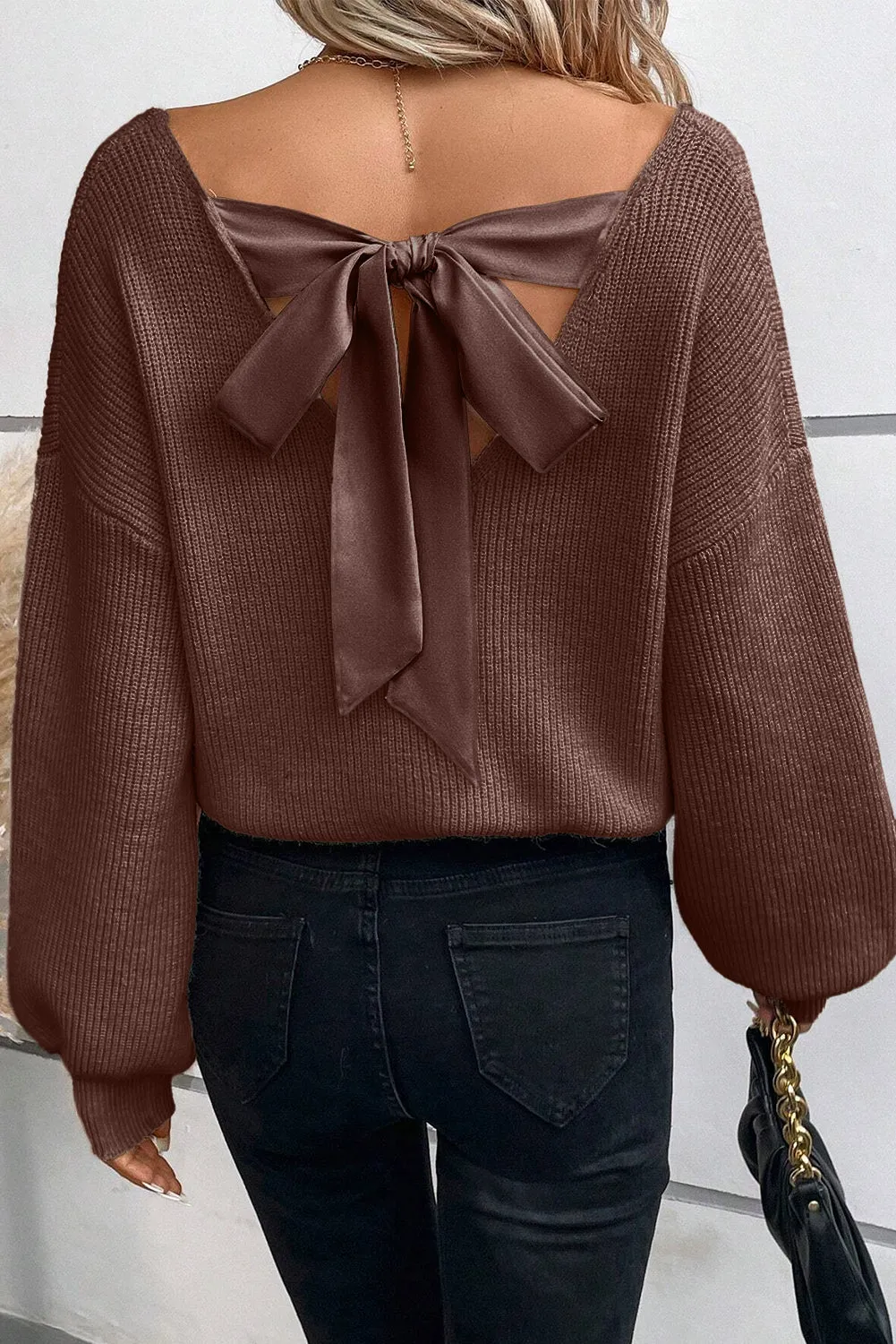 KaleaBoutique Lantern Sleeve V Neck Knot Back Sweater