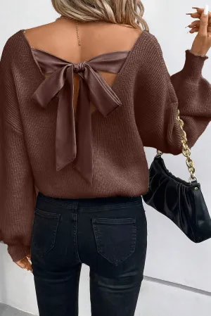 KaleaBoutique Lantern Sleeve V Neck Knot Back Sweater