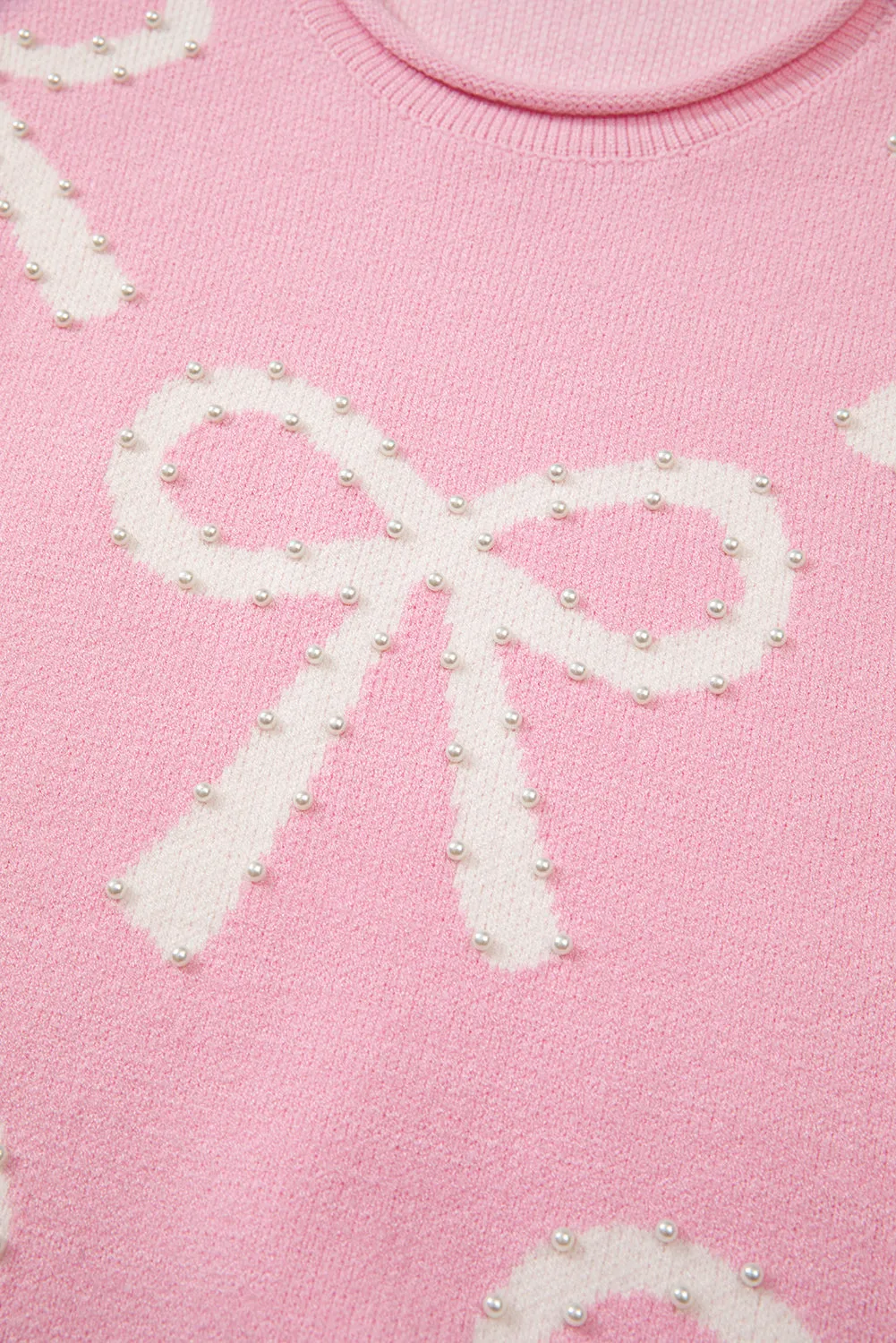 KaleaBoutique Pearl Beaded Bowknot Pattern Distressed Split Hem Sweater