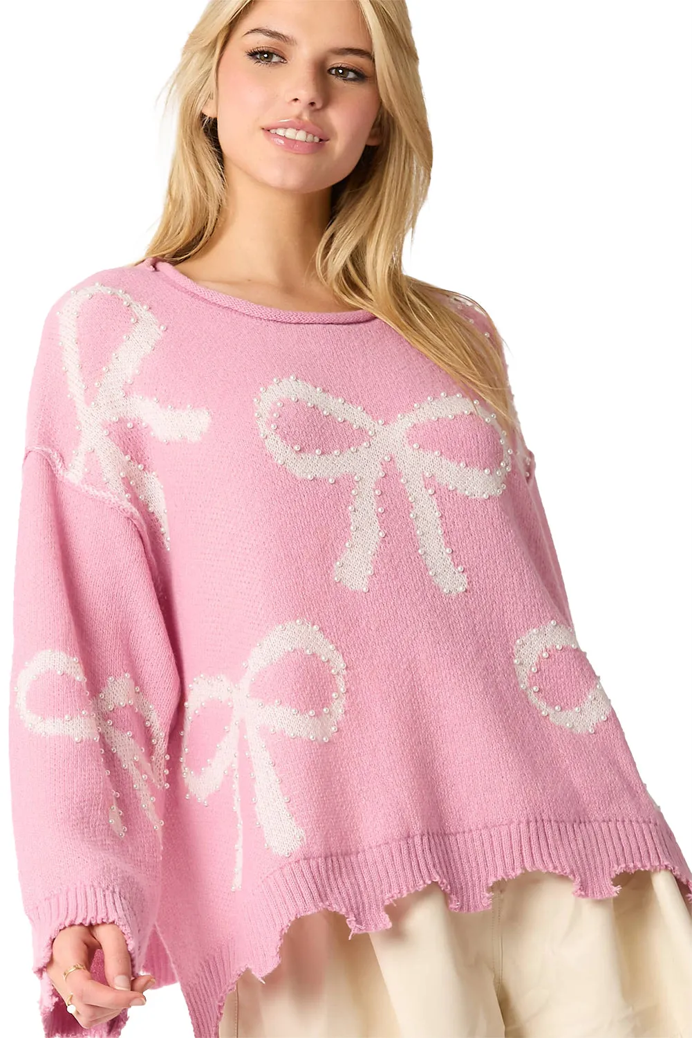 KaleaBoutique Pearl Beaded Bowknot Pattern Distressed Split Hem Sweater