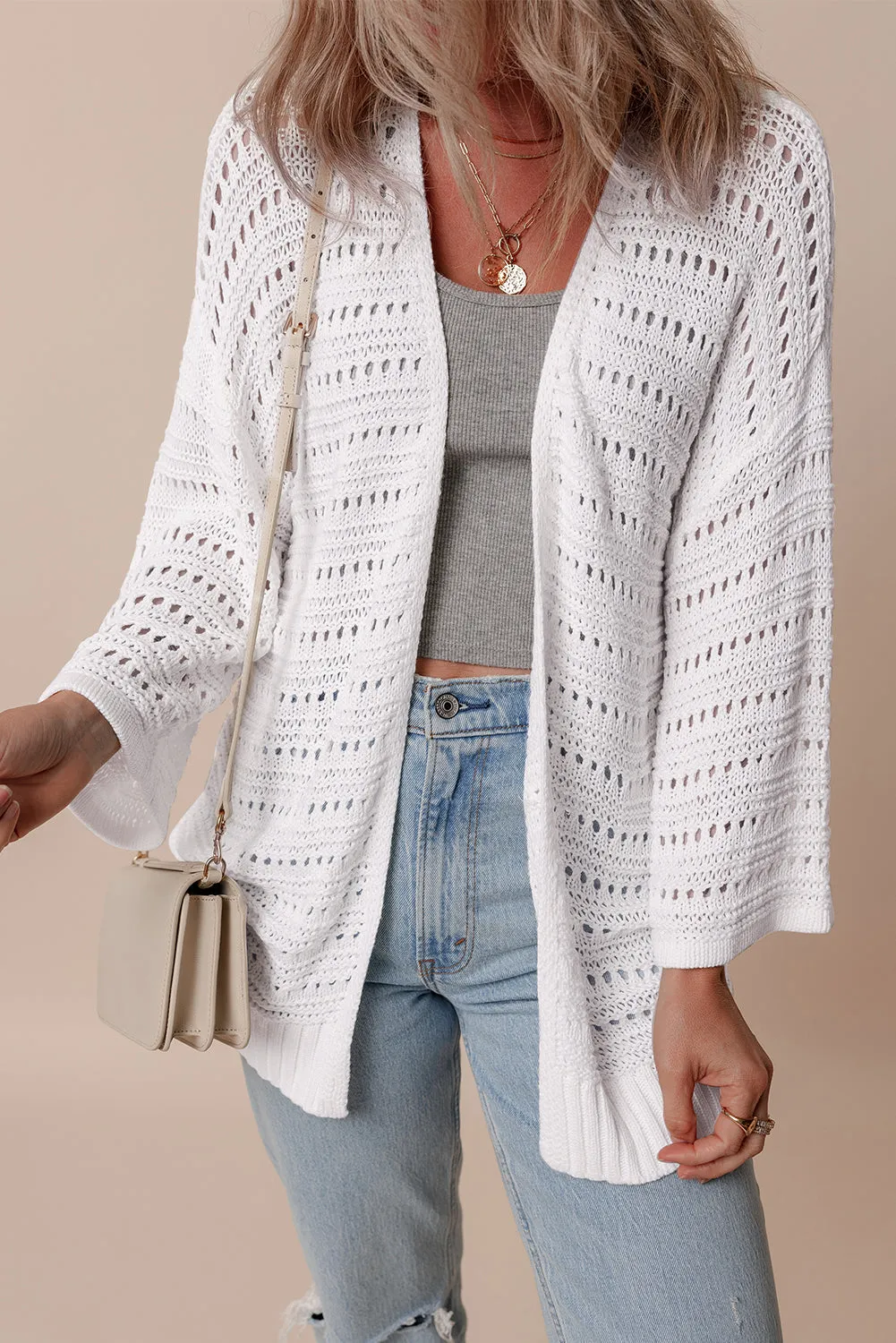 KaleaBoutique Pointelle Knit Bracelet Sleeve Open Cardigan