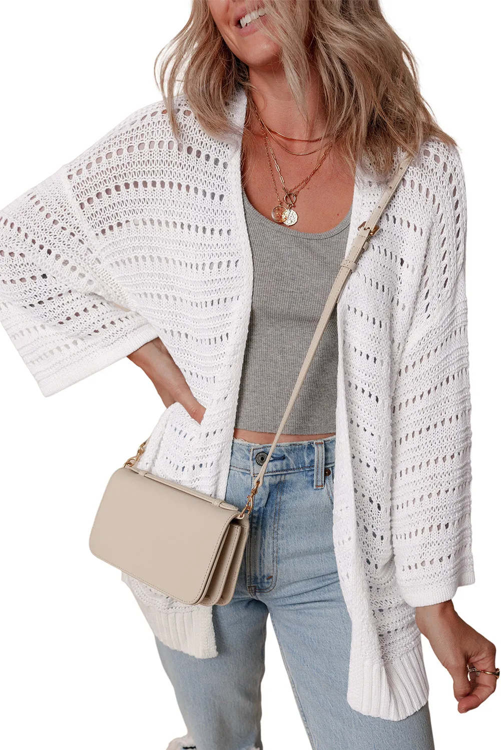 KaleaBoutique Pointelle Knit Bracelet Sleeve Open Cardigan