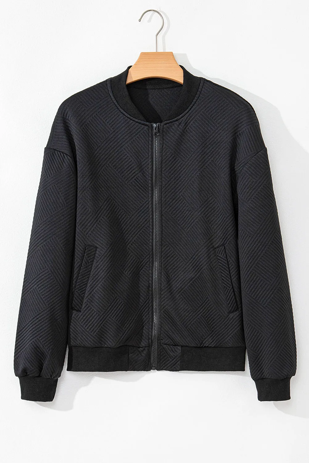 KaleaBoutique Stylish Solid Textured Stand Neck Zipper Bomber Jacket