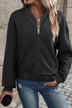KaleaBoutique Stylish Solid Textured Stand Neck Zipper Bomber Jacket
