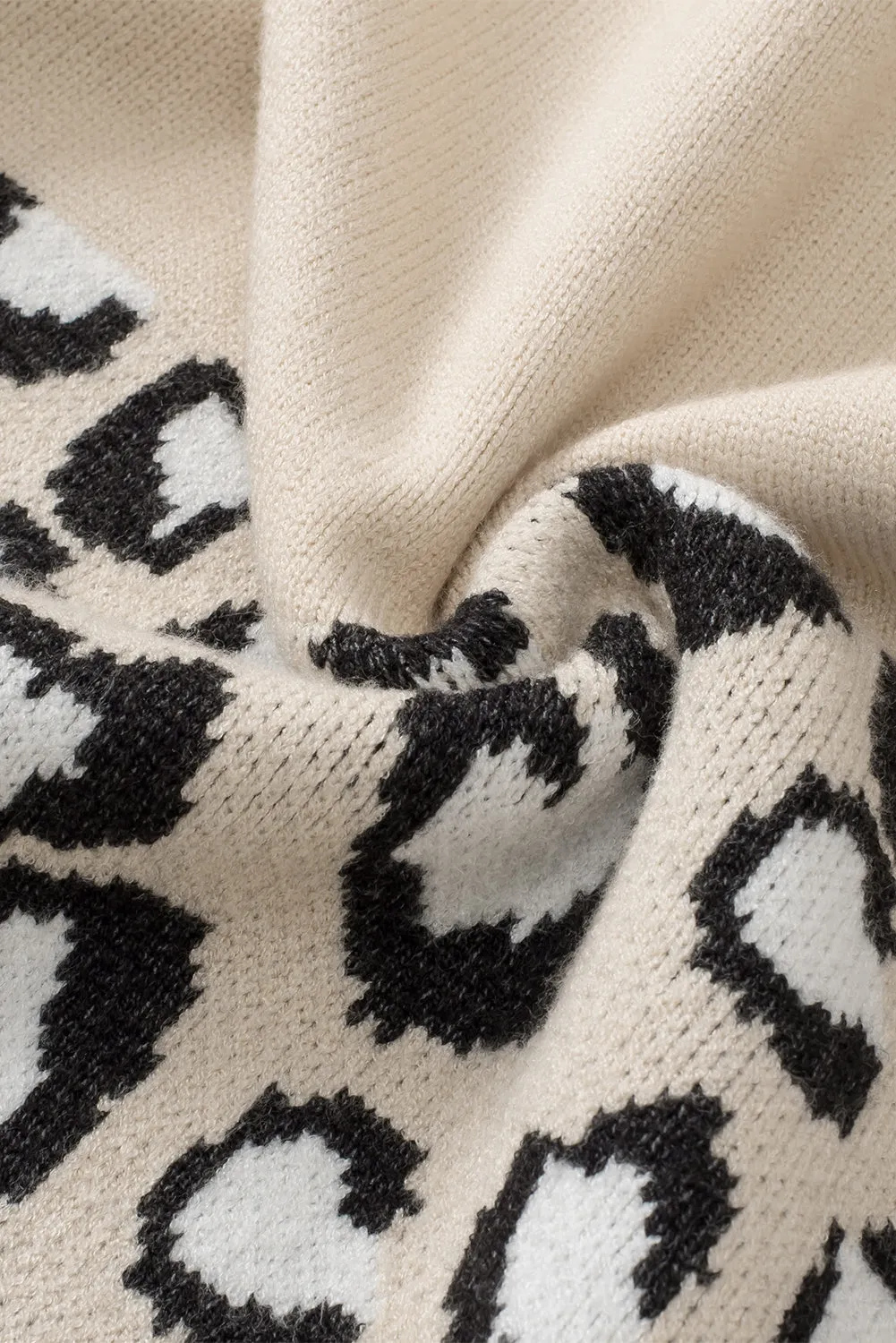 Khaki Leopard Patchwork Knitted Puff Sleeve Sweater
