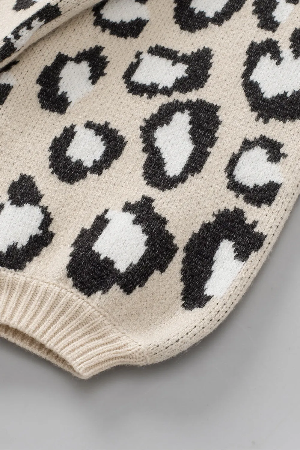 Khaki Leopard Patchwork Knitted Puff Sleeve Sweater
