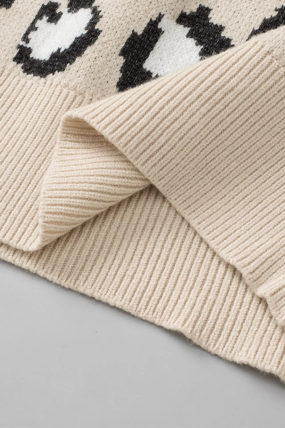 Khaki Leopard Patchwork Knitted Puff Sleeve Sweater