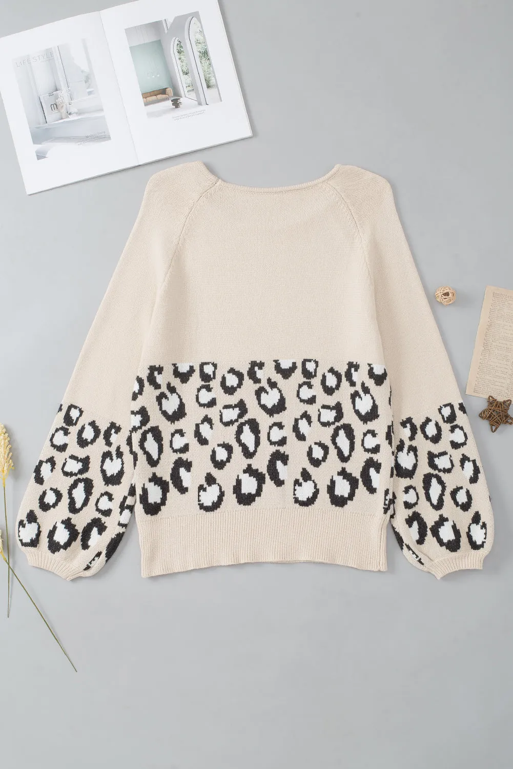 Khaki Leopard Patchwork Knitted Puff Sleeve Sweater