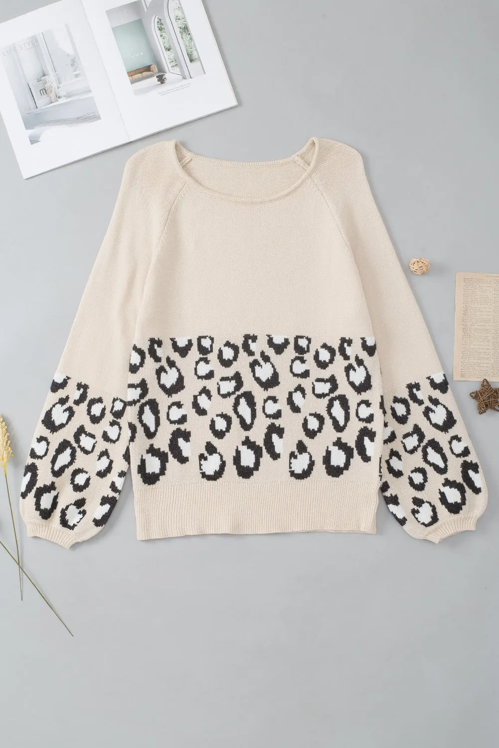 Khaki Leopard Patchwork Knitted Puff Sleeve Sweater