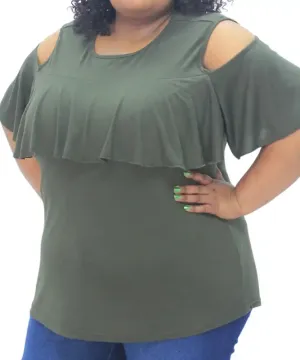 Ladies Ruffle Detail Cold Shoulder Top
