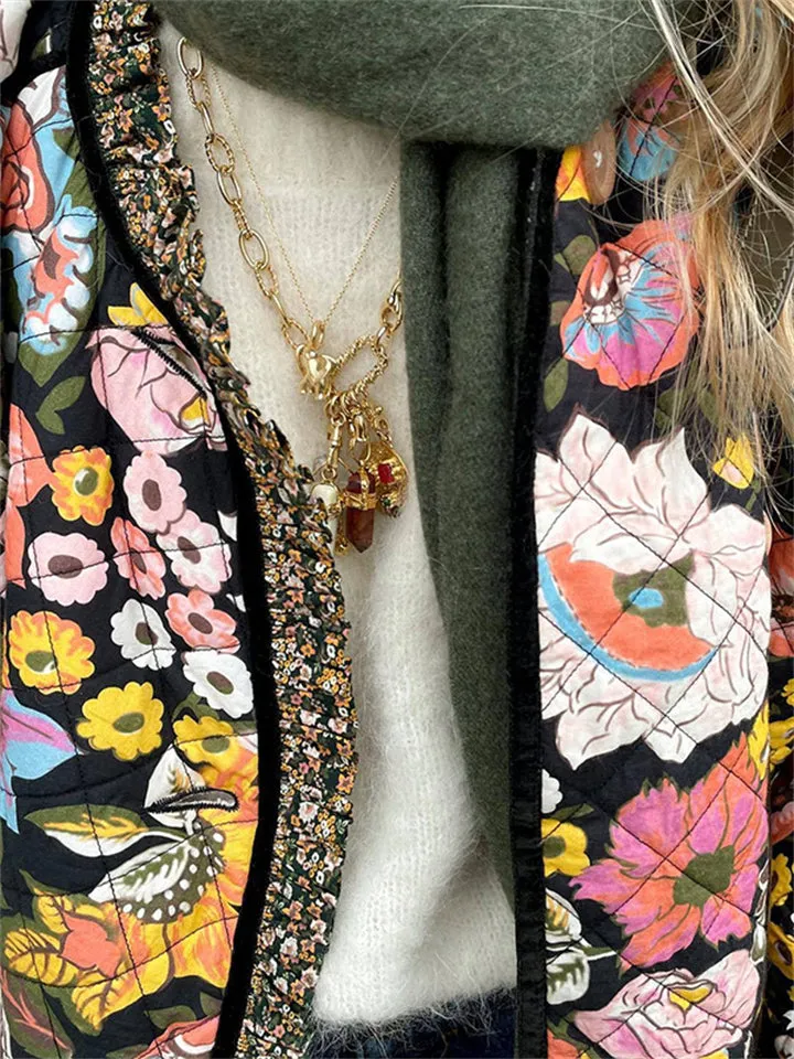Ladies Warm Floral Print Flare Sleeve Cotton Coats