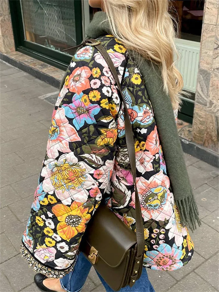 Ladies Warm Floral Print Flare Sleeve Cotton Coats
