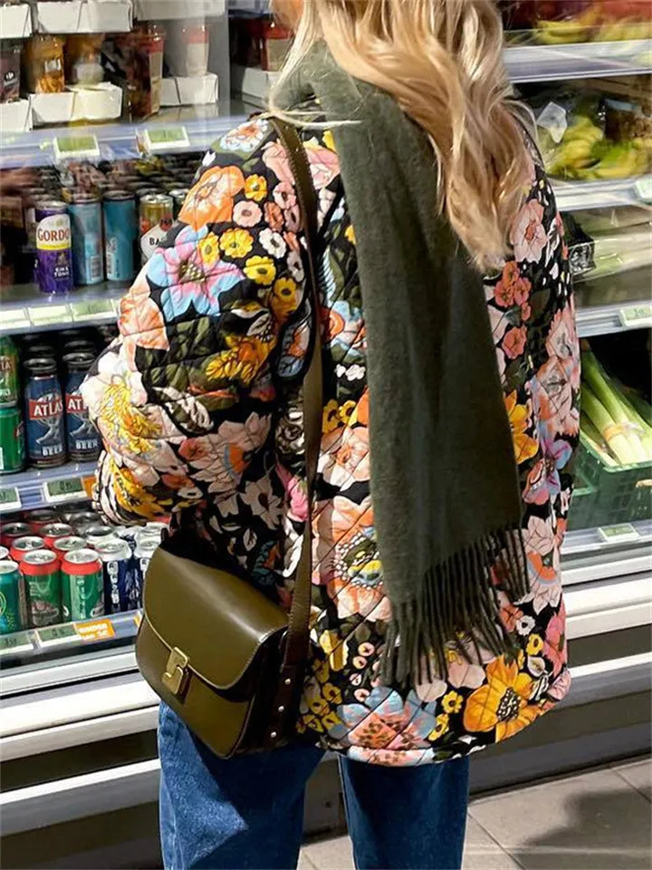 Ladies Warm Floral Print Flare Sleeve Cotton Coats