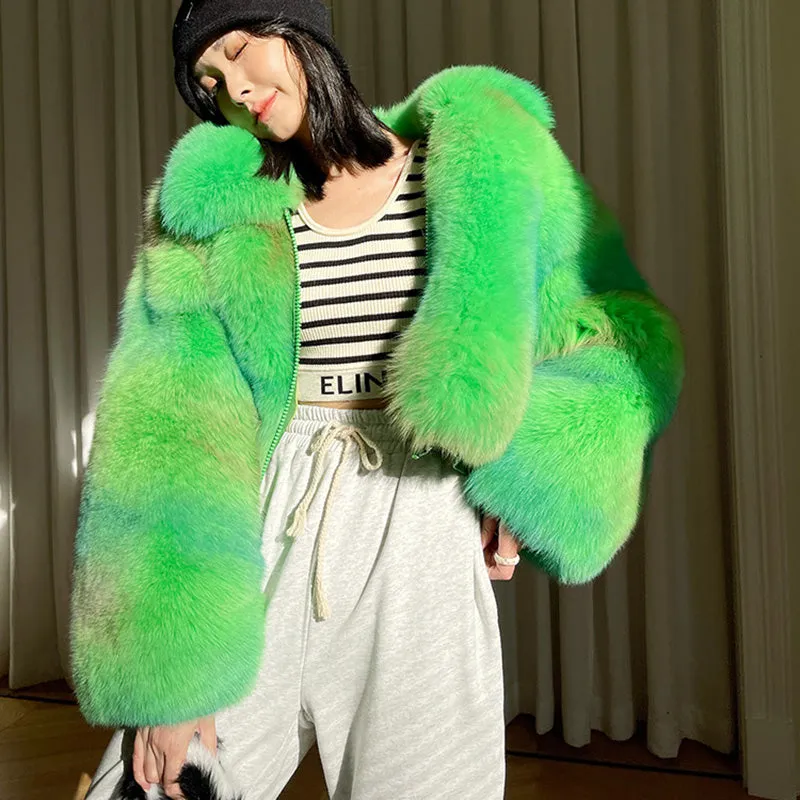 Lady Multicolor Fox Fur Coat 2022 New Zipper Collared Luxury Overcoat Short Warm Streetwear Winter 3655B