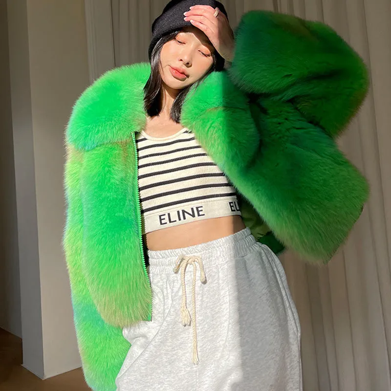 Lady Multicolor Fox Fur Coat 2022 New Zipper Collared Luxury Overcoat Short Warm Streetwear Winter 3655B