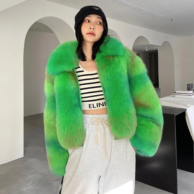 Lady Multicolor Fox Fur Coat 2022 New Zipper Collared Luxury Overcoat Short Warm Streetwear Winter 3655B