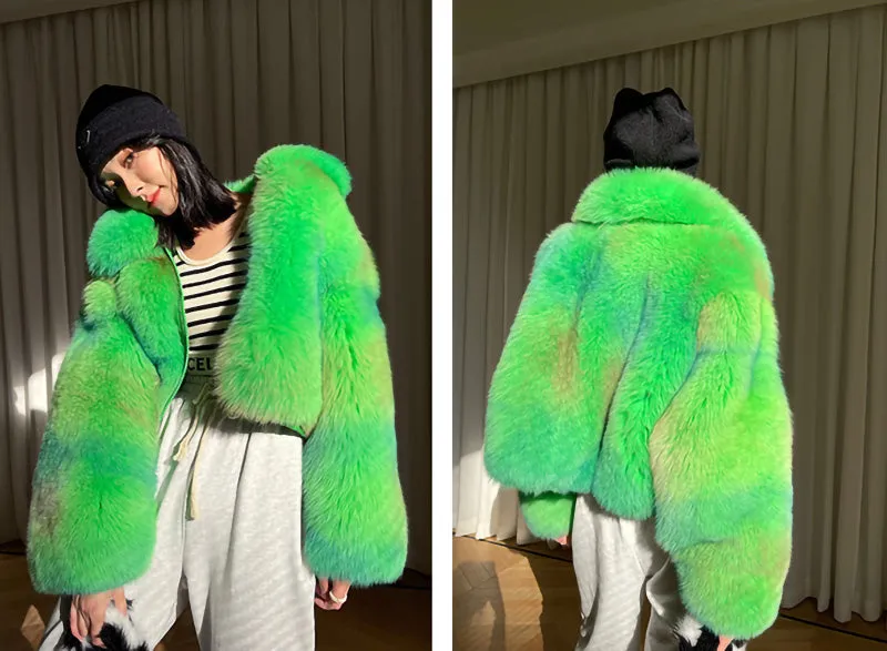 Lady Multicolor Fox Fur Coat 2022 New Zipper Collared Luxury Overcoat Short Warm Streetwear Winter 3655B