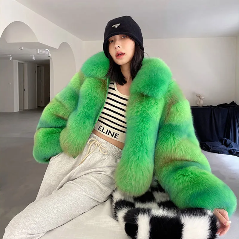 Lady Multicolor Fox Fur Coat 2022 New Zipper Collared Luxury Overcoat Short Warm Streetwear Winter 3655B
