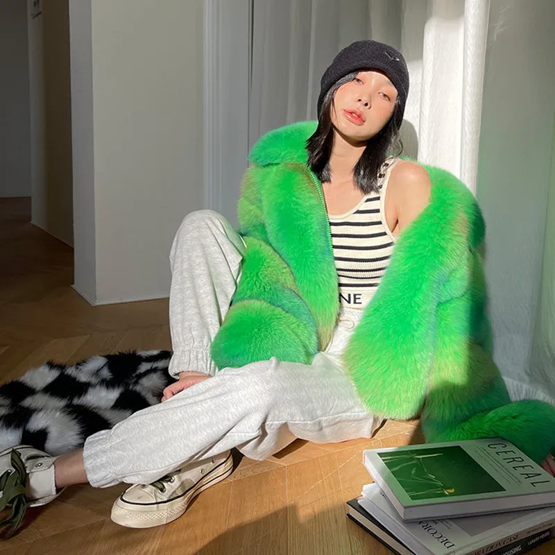 Lady Multicolor Fox Fur Coat 2022 New Zipper Collared Luxury Overcoat Short Warm Streetwear Winter 3655B
