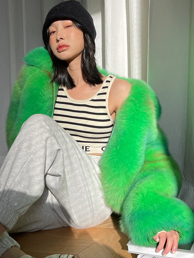 Lady Multicolor Fox Fur Coat 2022 New Zipper Collared Luxury Overcoat Short Warm Streetwear Winter 3655B