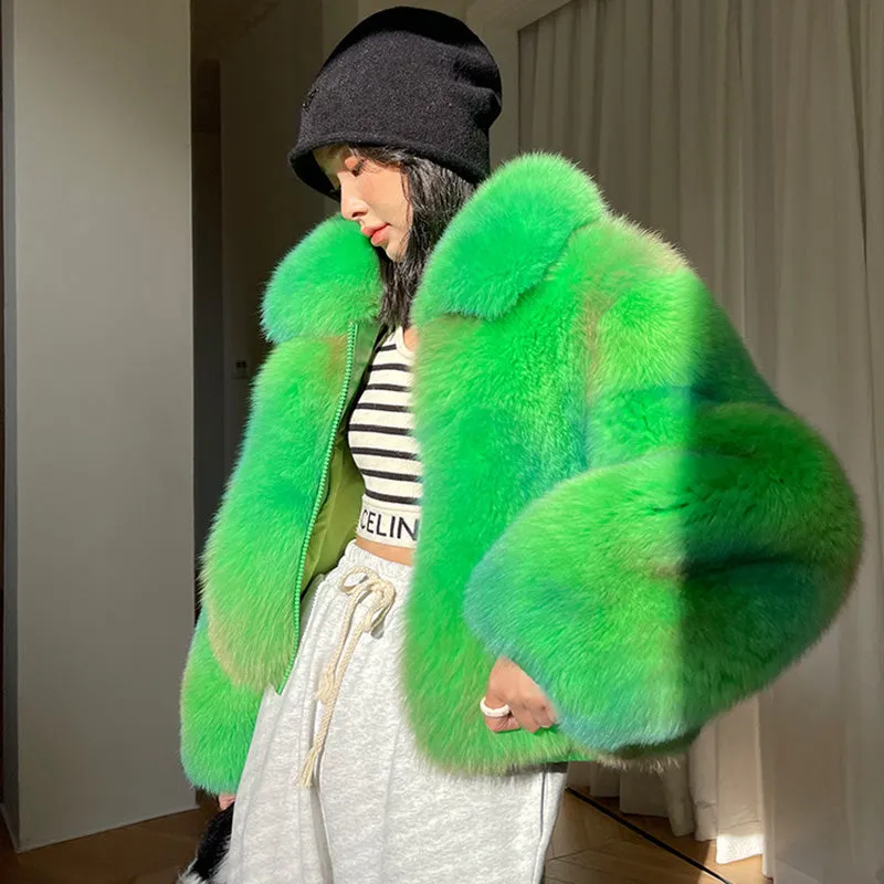 Lady Multicolor Fox Fur Coat 2022 New Zipper Collared Luxury Overcoat Short Warm Streetwear Winter 3655B