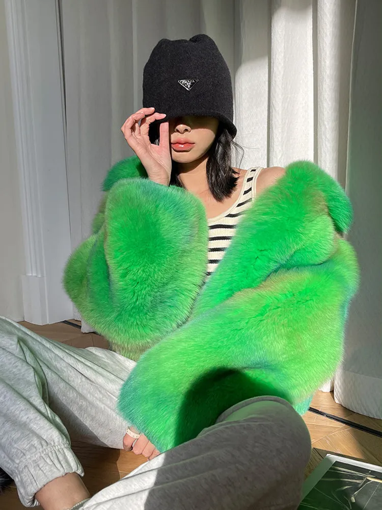 Lady Multicolor Fox Fur Coat 2022 New Zipper Collared Luxury Overcoat Short Warm Streetwear Winter 3655B