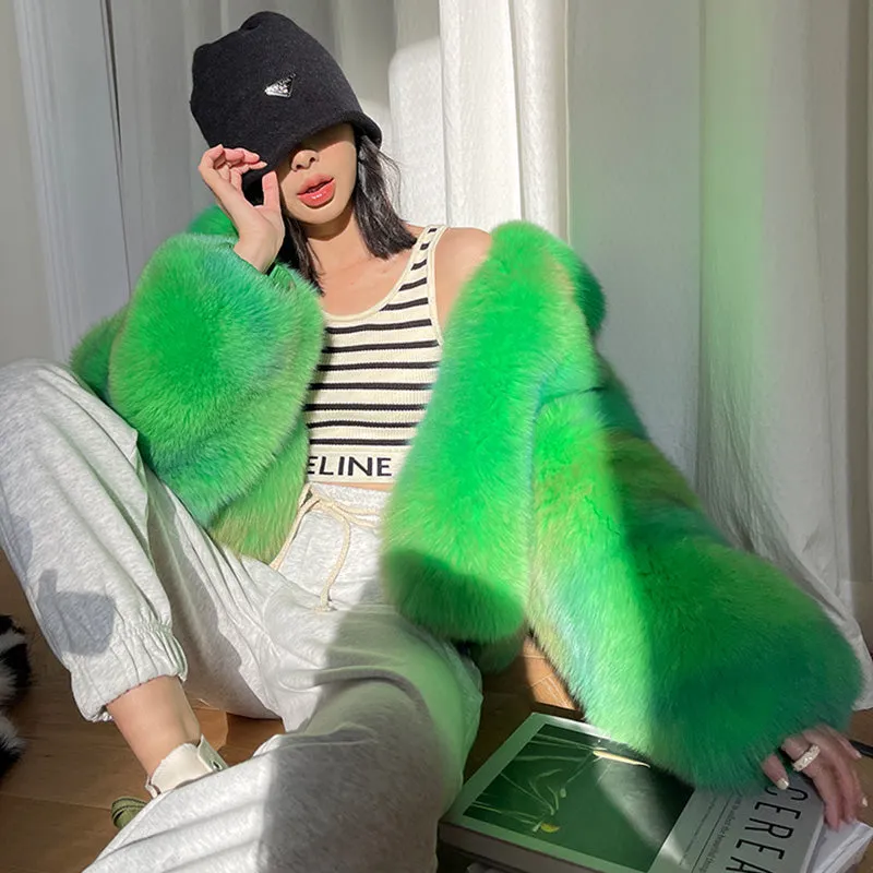 Lady Multicolor Fox Fur Coat 2022 New Zipper Collared Luxury Overcoat Short Warm Streetwear Winter 3655B