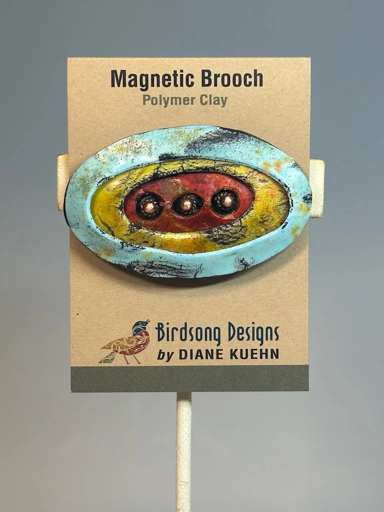 LARGE OVAL POLYMER CLAY BROOCH WITH COPPER BEAD ACCENTS PCB746