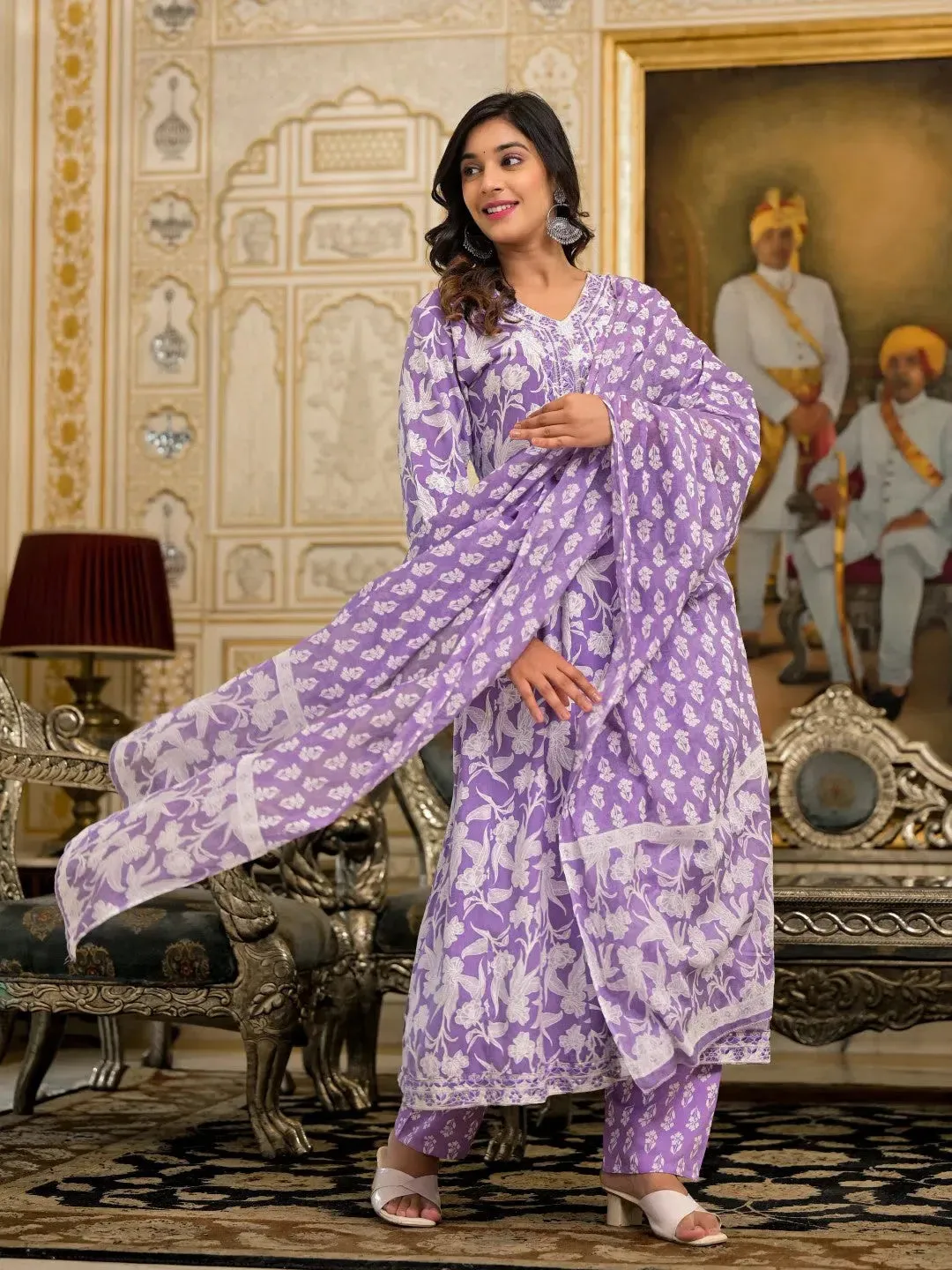Lavender Floral Printed Rayon Kurta, Pant And Dupatta Set With Thread & Sequins Work-J4837LAVENDER_OF