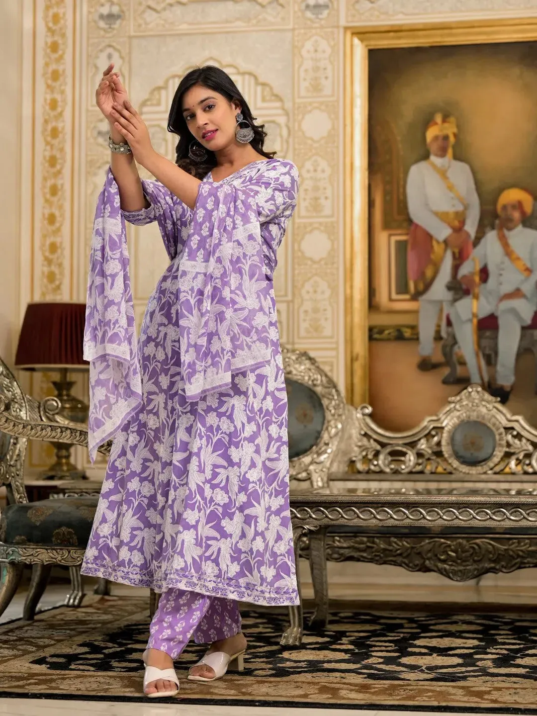 Lavender Floral Printed Rayon Kurta, Pant And Dupatta Set With Thread & Sequins Work-J4837LAVENDER_OF
