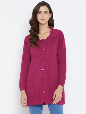 Livfree Women's Collar Neck Full-Sleeves Solid Cardigan - Pink