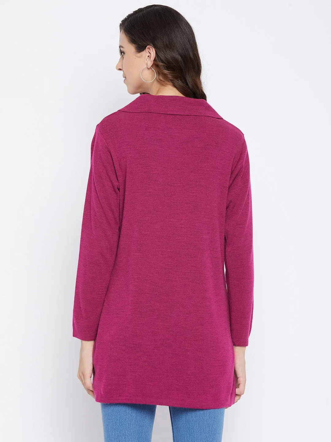 Livfree Women's Collar Neck Full-Sleeves Solid Cardigan - Pink