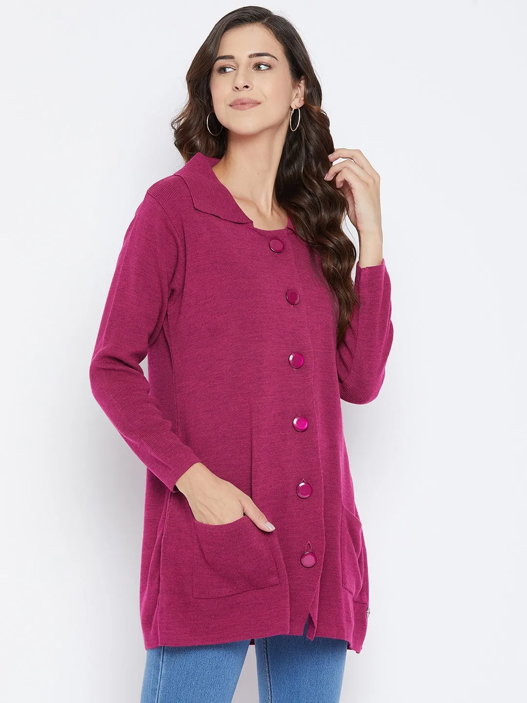 Livfree Women's Collar Neck Full-Sleeves Solid Cardigan - Pink