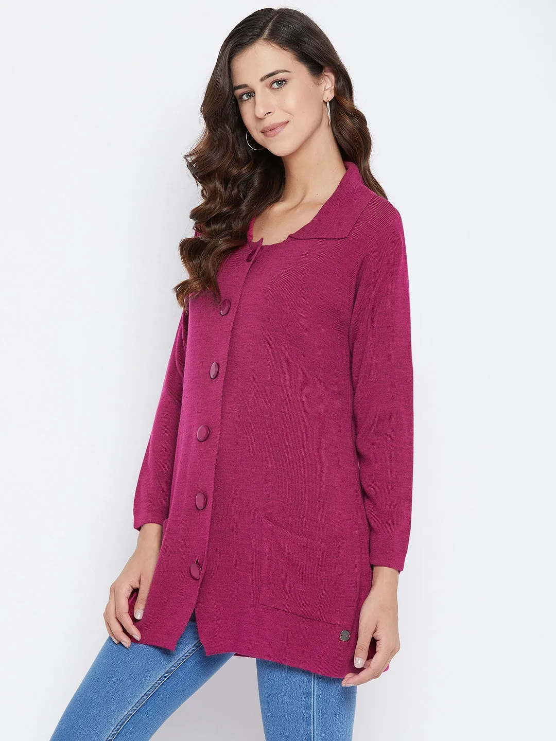 Livfree Women's Collar Neck Full-Sleeves Solid Cardigan - Pink