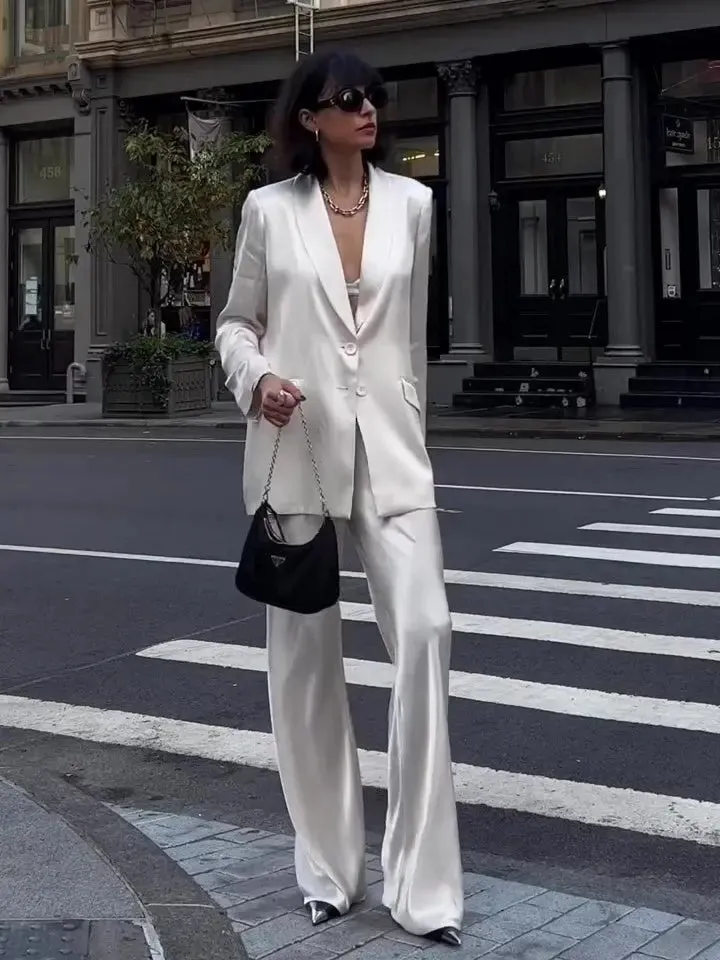 Loose Blazer  High-Waisted Pants Set - Solid Color Chic Outfit